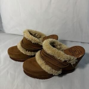 Lucky Brand Fur Lined Suede Brown Chunky Clogs Size 5